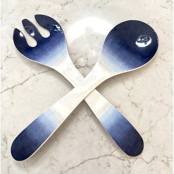 The Unbranded Brand Other - Salad Serve Spoon Fork Blue White Ombre Melamine Serving Utensils